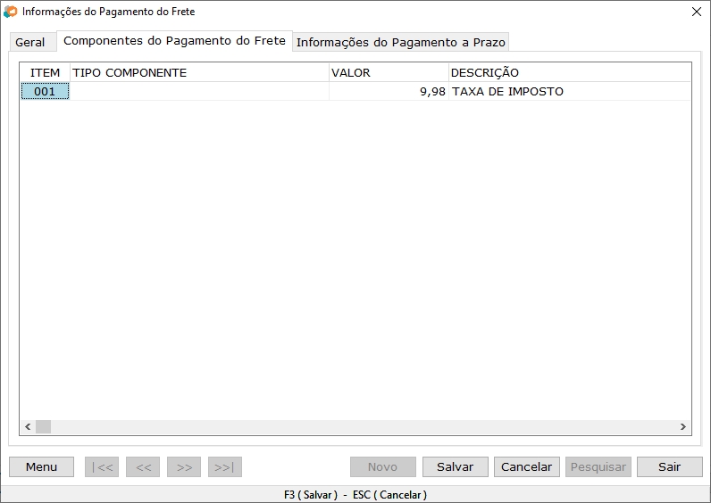 Aba Componentes do Pagamento