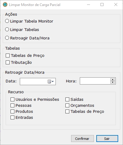 Tela Limpar Monitor de Carga Parcial