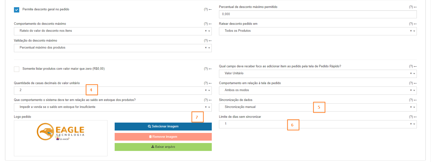 Aba pedido das configurações de empresas