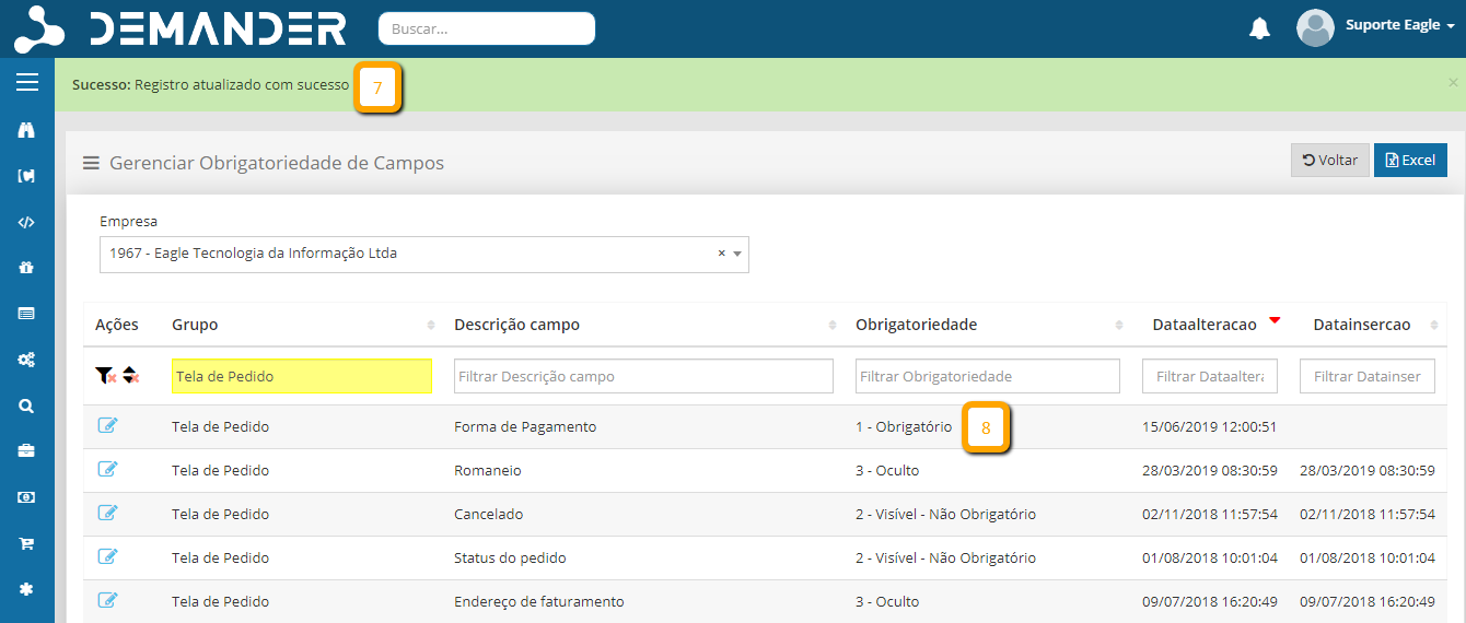 Salvando obrigatoriedade de campos de pedidos