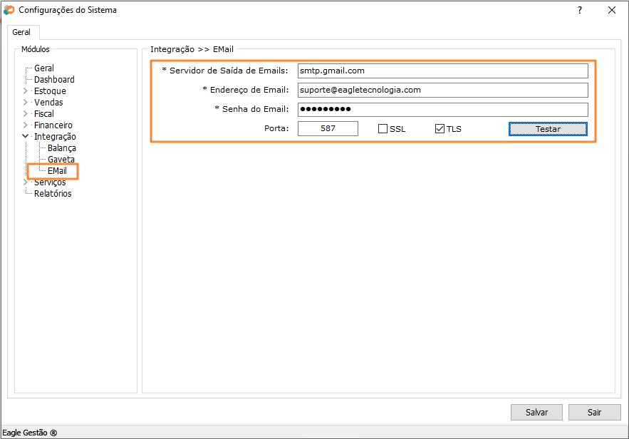 Tela de configuração de e-mail