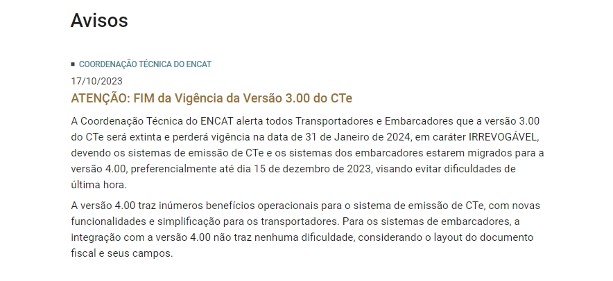 Aviso da SEFAZ sobre uso do CTe 3.00