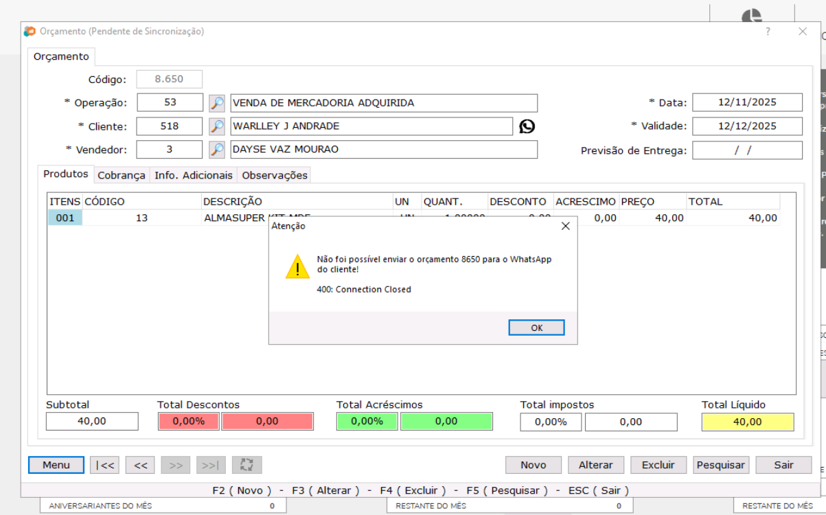 Erro de conexão com API do Whatsapp